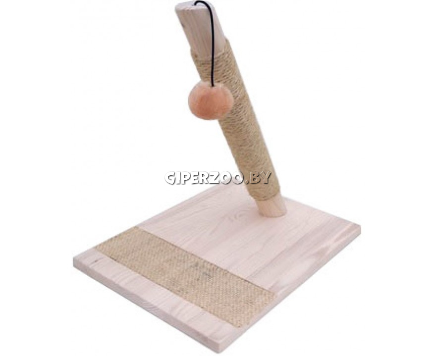 Four Pets Когтеточка деревянная столбик сизаль c мячиком на веревке белая/полоска) Four Pets Когтеточка деревянная столбик сизаль c мячиком на веревке белая/полоска)