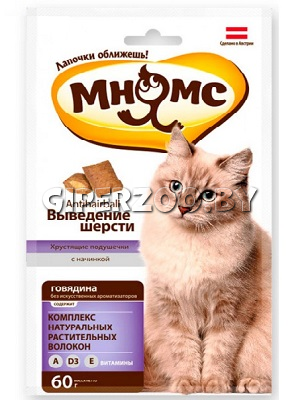 Мнямс Выведение шерсти хрустящие подушечки для кошек (говядина), 60 гр Мнямс Выведение шерсти хрустящие подушечки для кошек (говядина), 60 гр