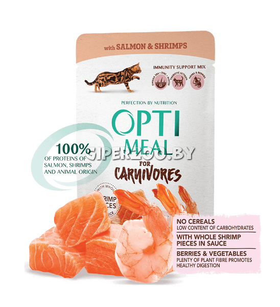 Optimeal для кошек с лососем и креветками в соусе, 12 х 85 гр Optimeal для кошек с лососем и креветками в соусе, 12 х 85 гр