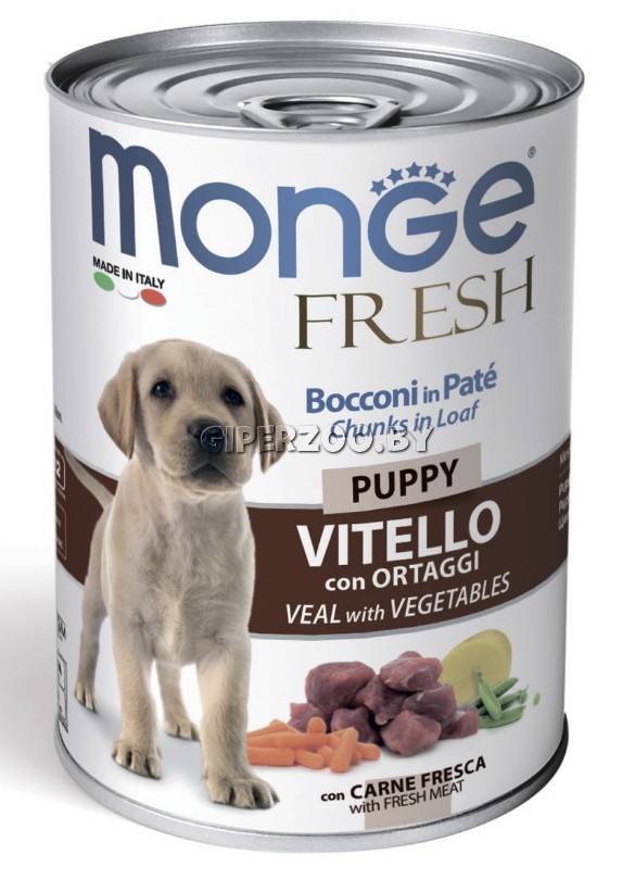 Monge Dog Fresh Puppy Veal (паштет, телятина с овощами), 400 гр*6 шт Monge Dog Fresh Puppy Veal (паштет, телятина с овощами), 400 гр*6 шт