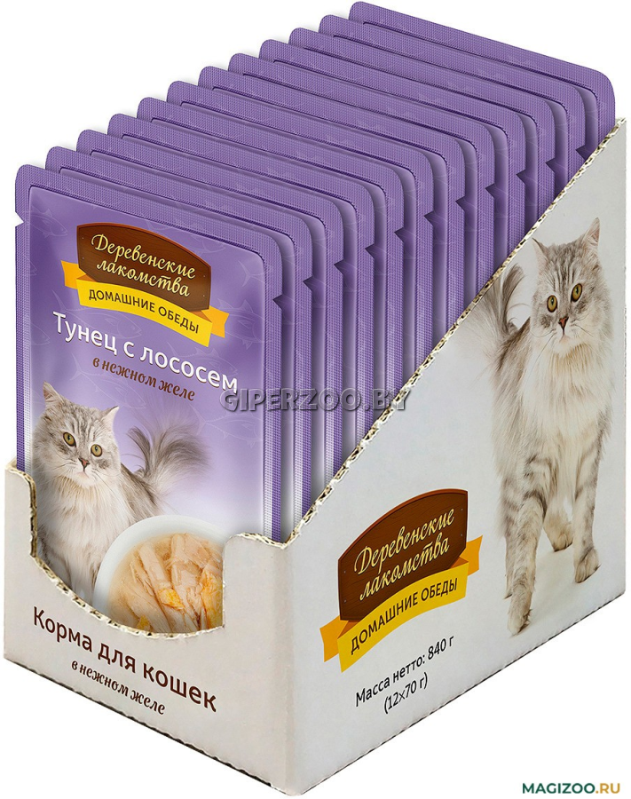 Деревенские лакомства Домашние обеды (тунец с лососем в желе), 70 гр Деревенские лакомства Домашние обеды (тунец с лососем в желе), 70 гр