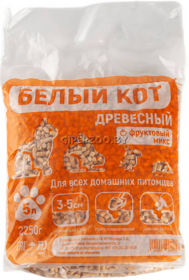 Наполнитель древесный Белый кот Фруктовый микс, 5л Наполнитель древесный Белый кот Фруктовый микс, 5л