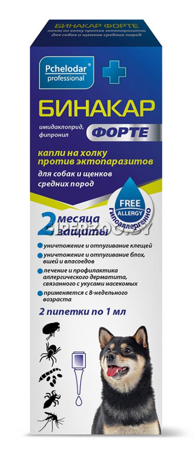 Бинакар Форте капли на холку для собак и щенков средних пород, 2 пип Бинакар Форте капли на холку для собак и щенков средних пород, 2 пип
