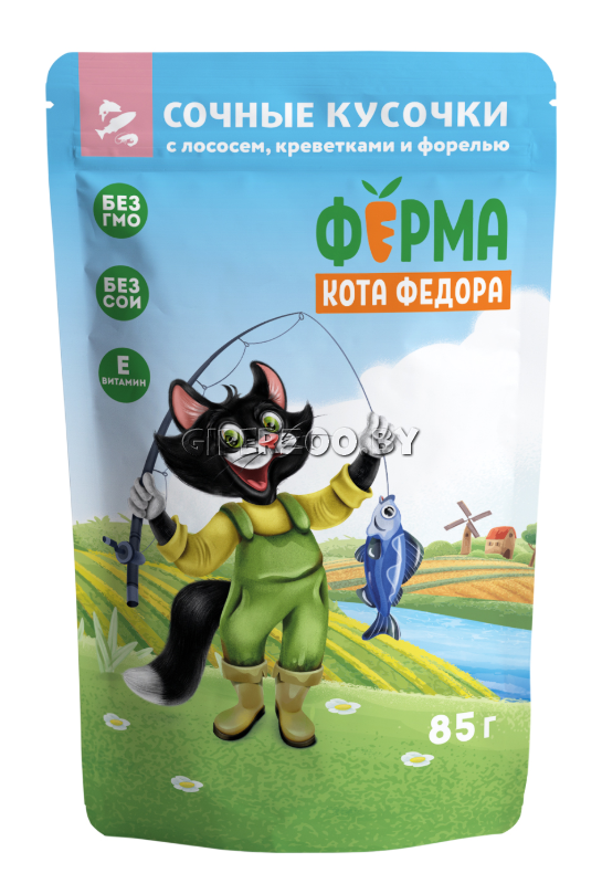 Ферма кота Фёдора кусочки в желе (лосось, креветка, форель), 85 гр Ферма кота Фёдора кусочки в желе (лосось, креветка, форель), 85 гр
