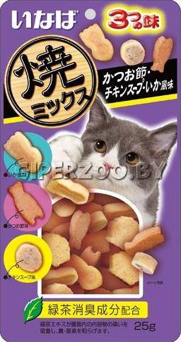 INABA Yaki Miksu Запеченное лакомство (кацуобуси, куриный бульон, кальмар), 25 гр INABA Yaki Miksu Запеченное лакомство (кацуобуси, куриный бульон, кальмар), 25 гр